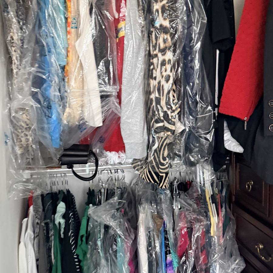 Clothing hung back in a closet in garment bags